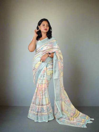Soft Pure Linen Saree with Floral Print, Kantha Lotus Border, Zari Lining, and Running Blouse