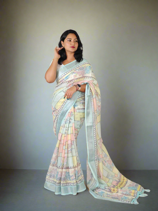 Soft Pure Linen Saree with Floral Print, Kantha Lotus Border, Zari Lining, and Running Blouse