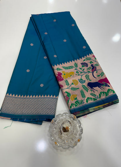 Paithani printed soft silk saree with zari-style border and contrast blouse for women