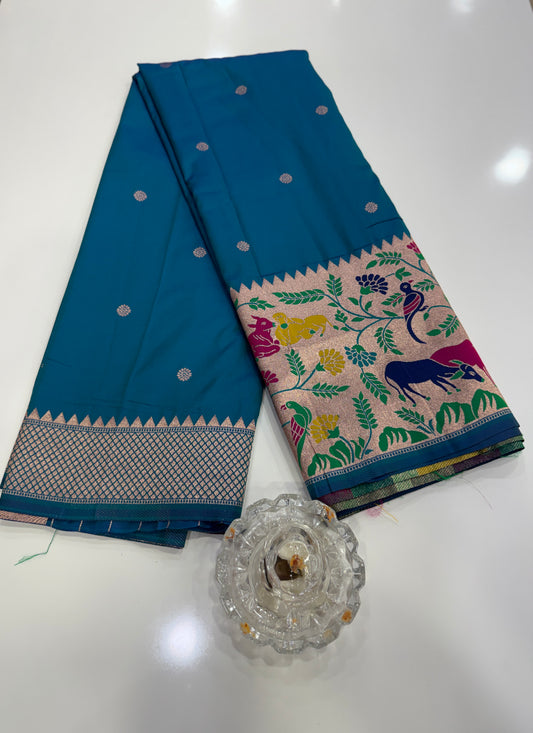 Paithani printed soft silk saree with zari-style border and contrast blouse for women