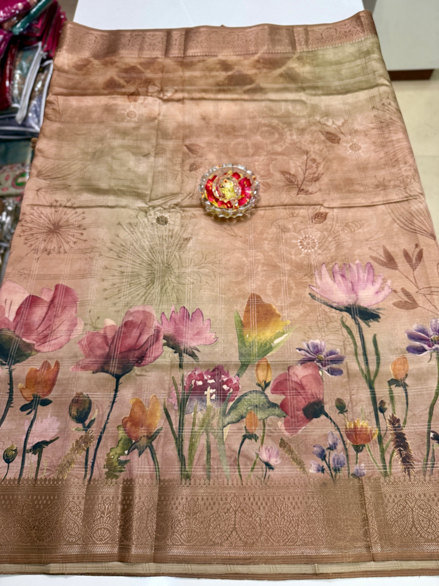 Bamboo Silk Saree with Chex Texture and Rich Pallu – Digital Floral Print Saree for Women