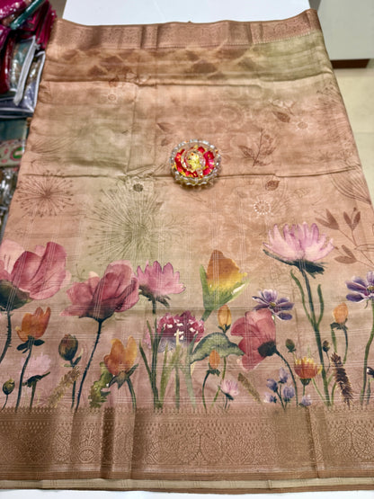 Bamboo Silk Saree with Chex Texture and Rich Pallu – Digital Floral Print Saree for Women