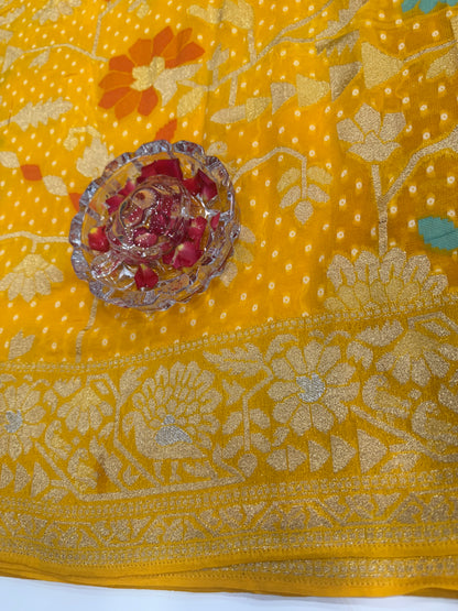 Pure Kaddi Georgette Zari Weaving Saree in Mustard Yellow with All-Over Jaal and Floral Buti Work – Festive & Wedding Wear Saree for Women