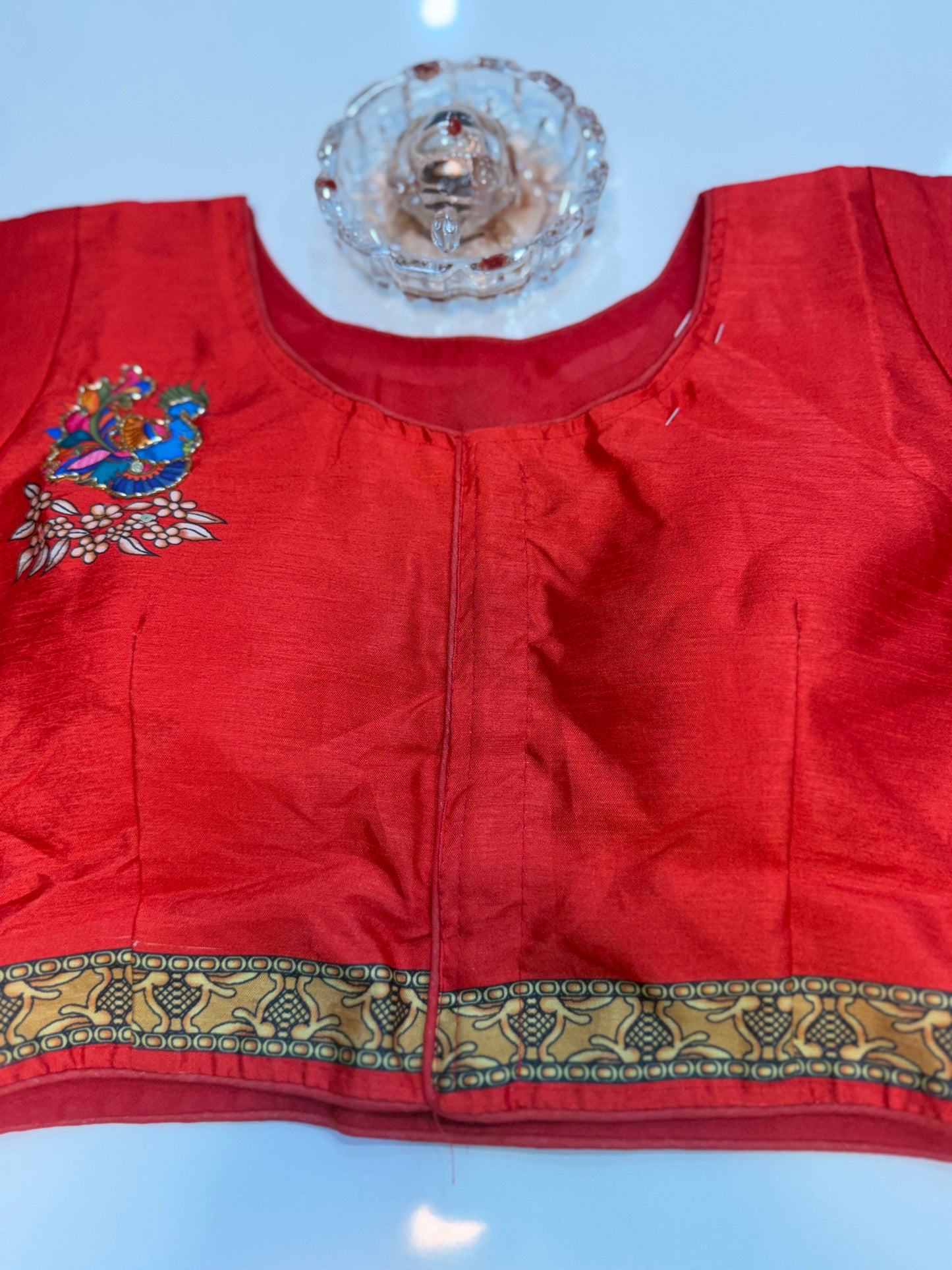 Silk printed readymade blouse for women with antique handcrafted work, size 38–42, short sleeve, saree blouse