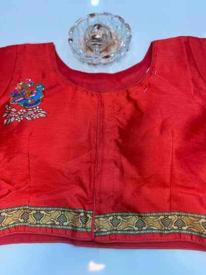 Silk printed readymade blouse for women with antique handcrafted work, size 38–42, short sleeve, saree blouse