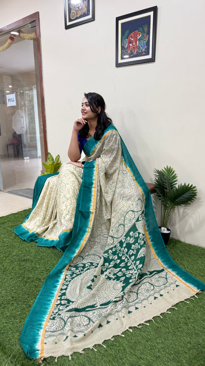 Pure Nellore Silk Saree with Hand-Dyed Outline Kalamkari Border for Festive Wear