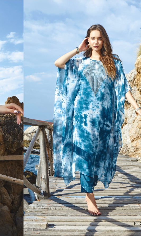 Pure Georgette Kaftan with Cotton Satin Pant and Hand Work for Women