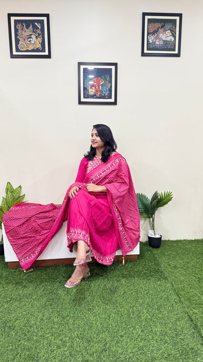 Rayon Kurta Pant Dupatta Set with Dori Embroidery and Chanderi Foil Print Dupatta – Sizes M to XXL