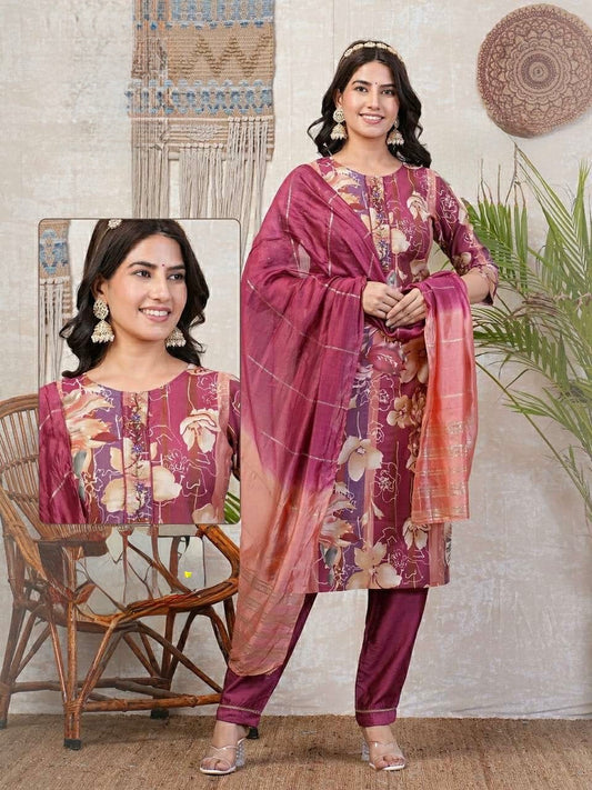 Chanderi Foil Print Kurti Set with Silk Bottom and Jacquard Sequins Dupatta – Women’s Sizes L, XL