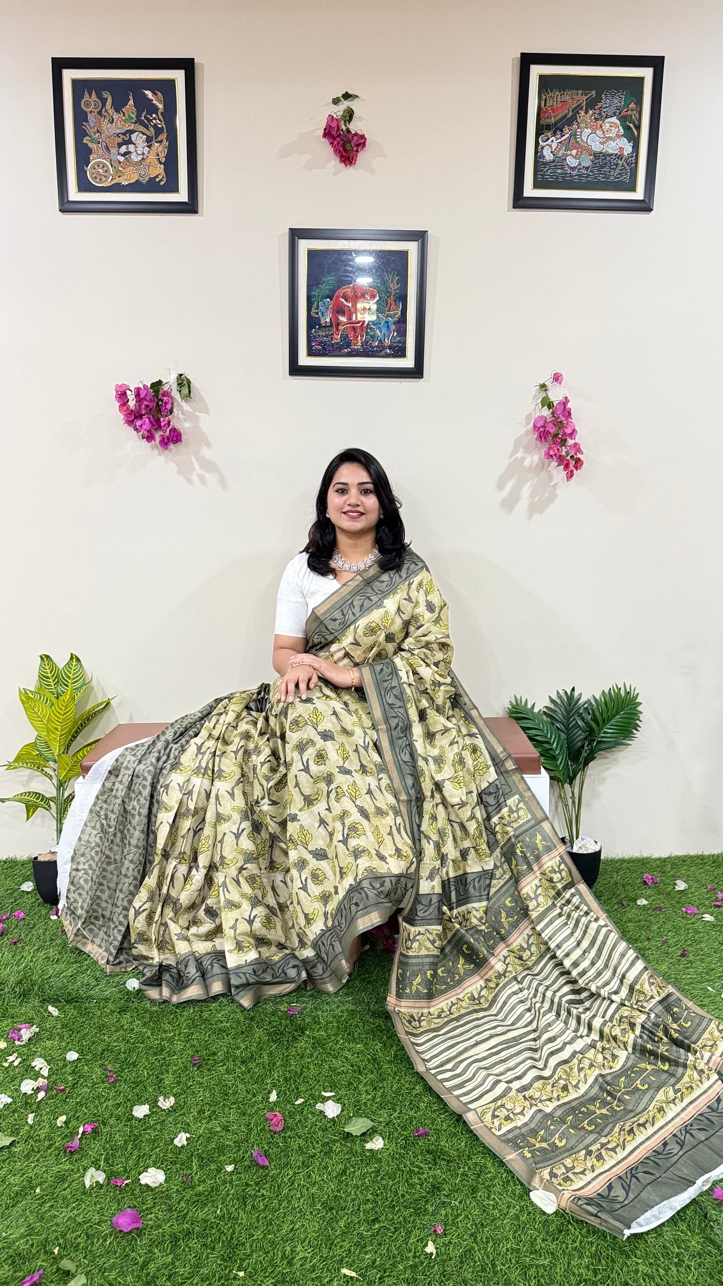 Soft Chanderi Silk Saree with Gold Zari Border and Digital Print – Traditional Wear Saree for Women