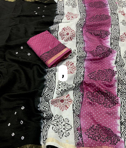 Chanderi Cotton Saree with Hand-Tied Bandhani and Block Printed Pallu – Festive Wear for Women
