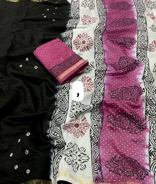 Chanderi Cotton Saree with Hand-Tied Bandhani and Block Printed Pallu – Festive Wear for Women