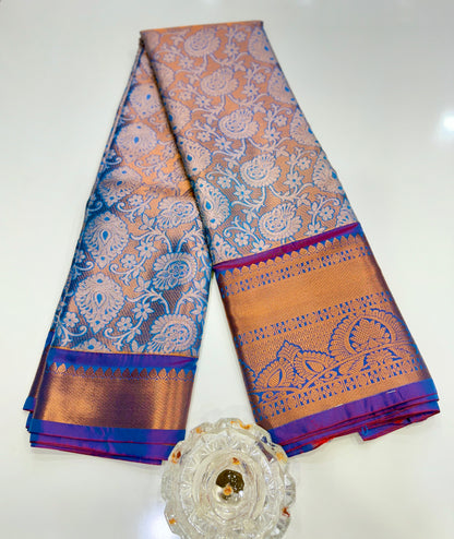 Bridal tissue saree for women with woven zari work and contrast border, kanchipuram style powerloom saree with blouse fabric