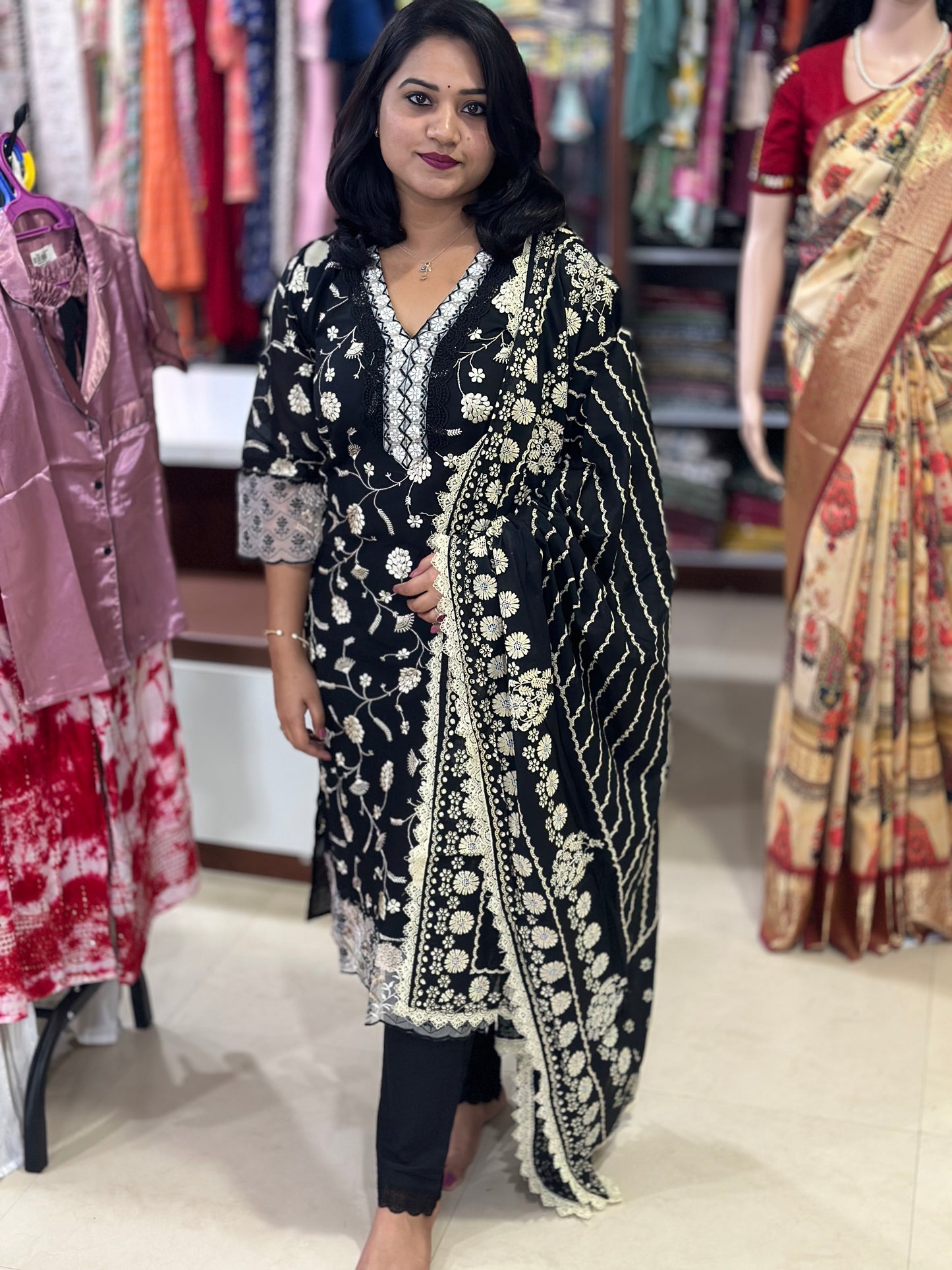 Elegant Black Mul Cotton Designer Suit Set with Intricate Lace and Embroidery