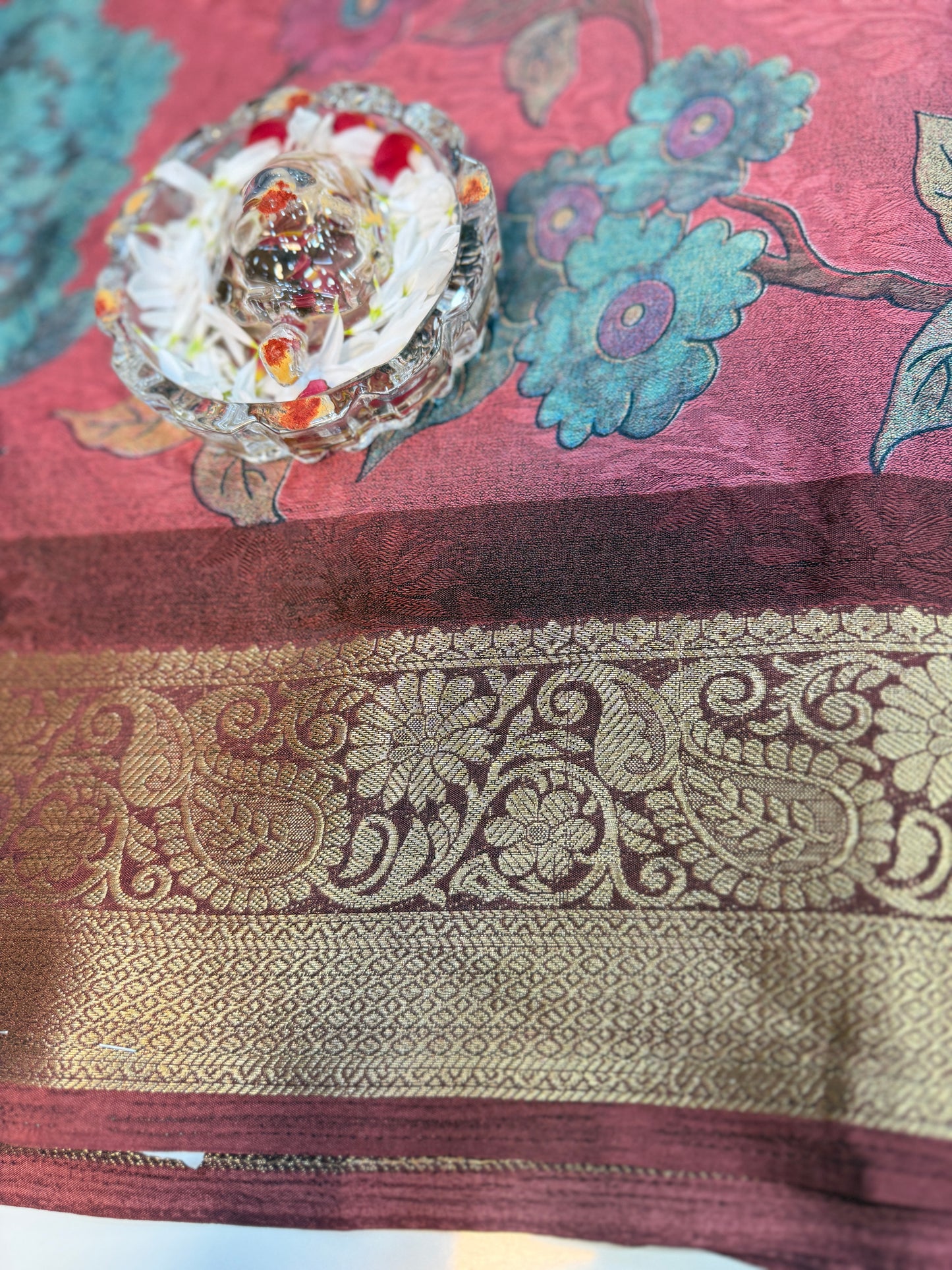 Silk blend printed saree with zari border and digital pallu print, 6.3m with running blouse, 6 color options