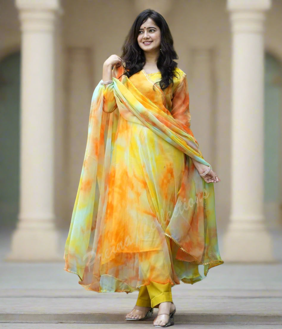 Pastel Chiffon Marble Print Anarkali Kurta Pant Dupatta Set with Gotta Tassels – Women’s Sizes 38 to 44