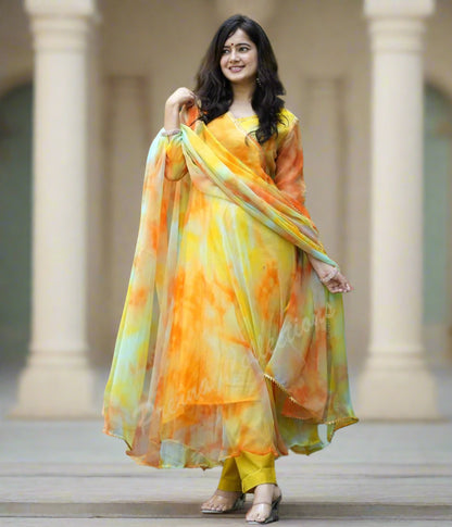 Pastel Chiffon Marble Print Anarkali Kurta Pant Dupatta Set with Gotta Tassels – Women’s Sizes 38 to 44