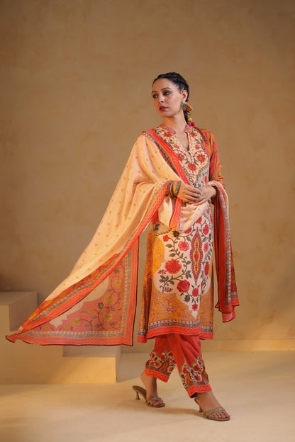 Premium digital crepe printed suit set for women with lining, kurta pant dupatta, thread work detailing