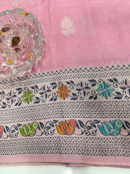 Pure Kora Silk Banarasi Meena Zari Weaving Saree with Blouse Piece – Pink Traditional Festive Wear