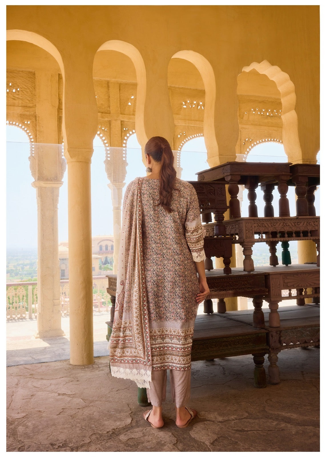 Digital Muslin Kurta Set with Moti Mirror Handwork, Shantoon Pant & Lace Dupatta – M to XXL