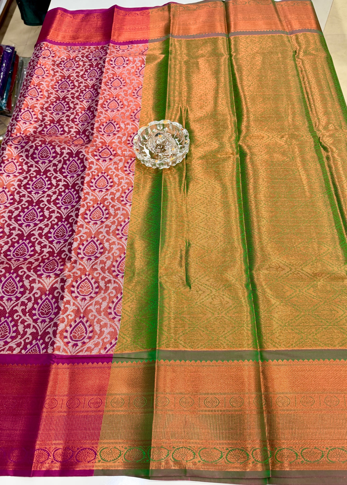 Bridal tissue saree for women with woven zari work and contrast border, kanchipuram style powerloom saree with blouse fabric