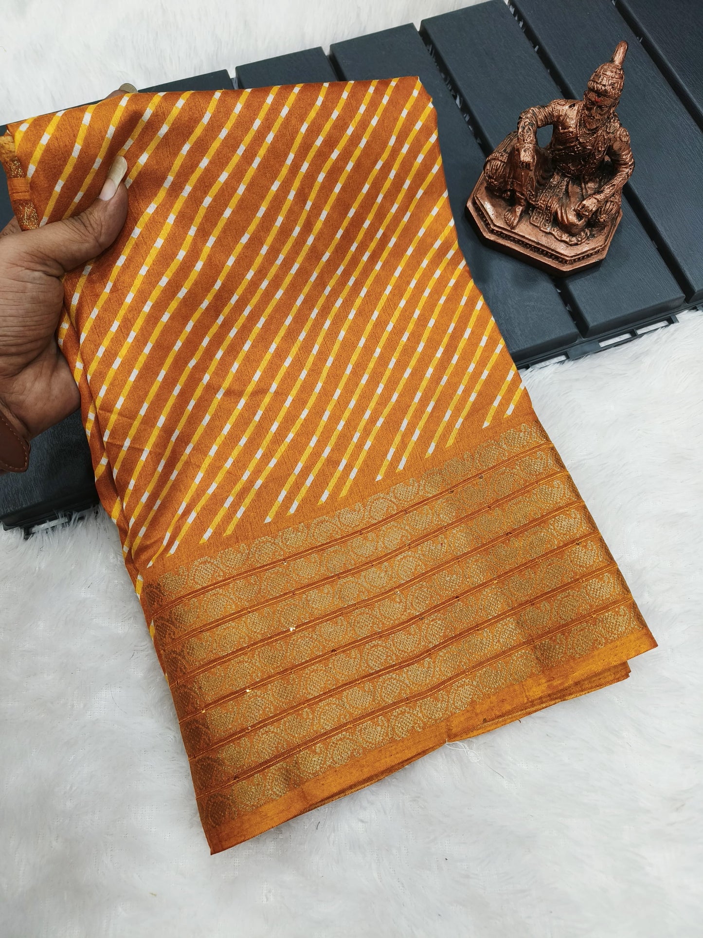 Butter Dola Silk Bandhej Saree with Mothra Leheriya Print and Golden Rudraksh Border – With Blouse Piece