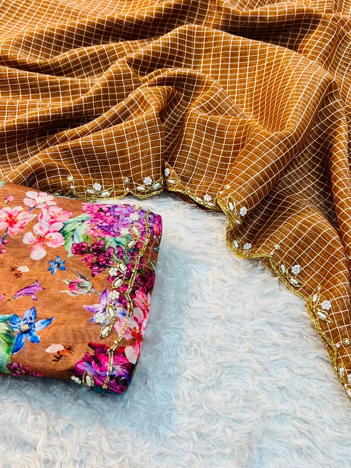 Handwork Nora Chex Saree with Pearl, Cutdana & Sequin Embroidery and Bangalori Silk Blouse