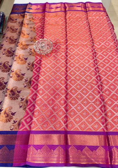 Bridal tissue saree for women with woven zari work and contrast border, kanchipuram style powerloom saree with blouse fabric
