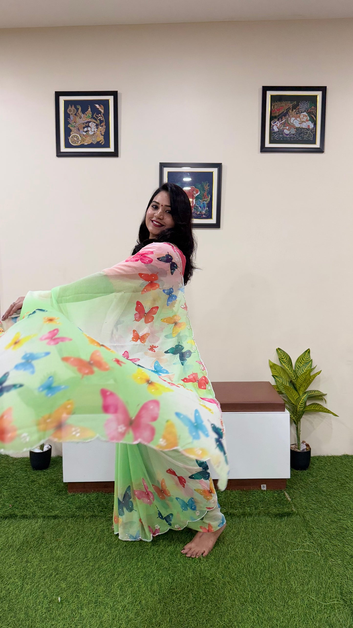 Pure Soft Georgette Silk Saree with Digital Butterfly Print, Cutdana and Moti Work – Women’s Festive Wear