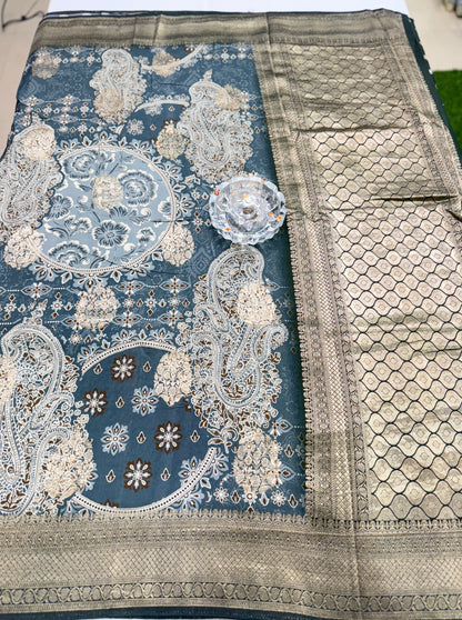 Pure Crepe Silk Saree with Digital Print and Zari Border – Elegant Festive and Wedding Saree for Women