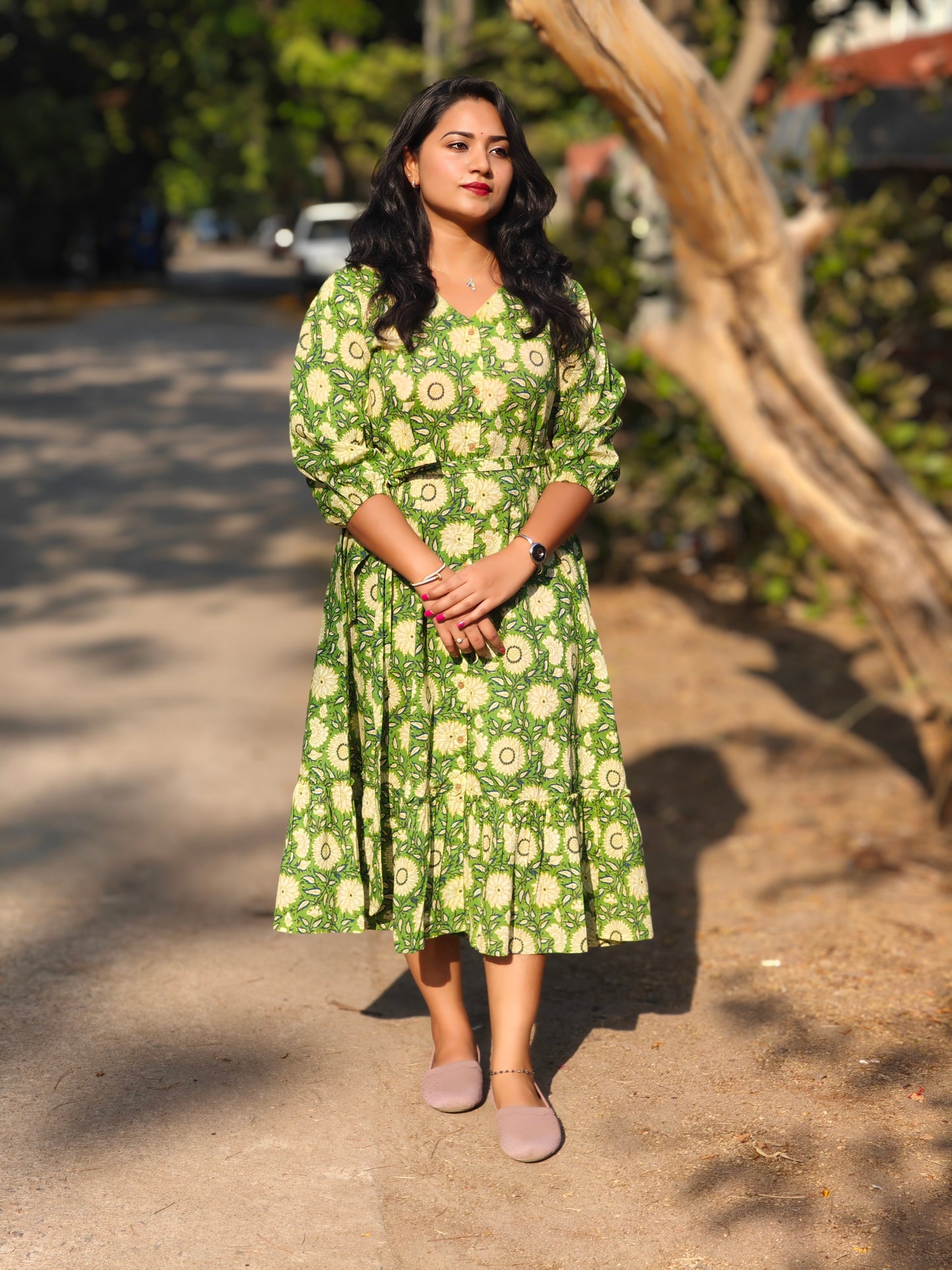 Green Cotton Floral Printed A-Line Midi Dress with V-Neck and Three-Quarter Sleeves – L to 3XL