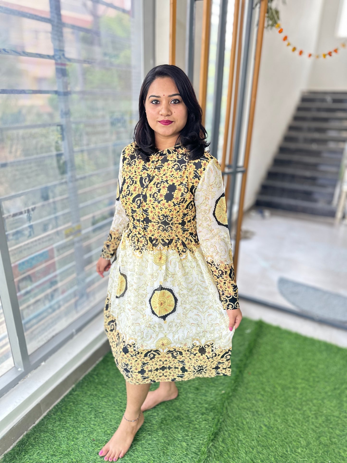 Women’s Indo-Western Chiffon Midi Dress with Digital Print and Flap Sleeves – Sizes 36 to 44