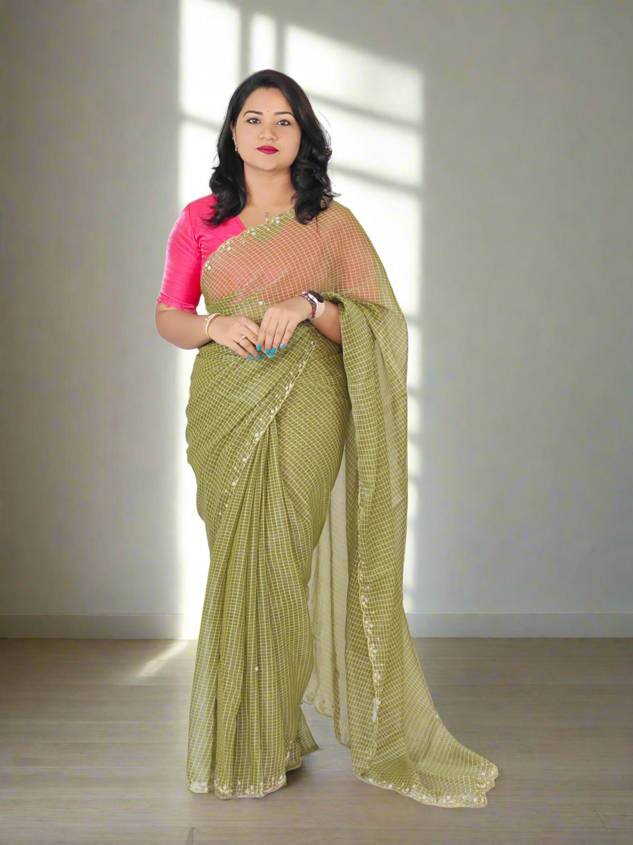 Handwork Nora Chex Saree with Pearl, Cutdana & Sequin Embroidery and Bangalori Silk Blouse