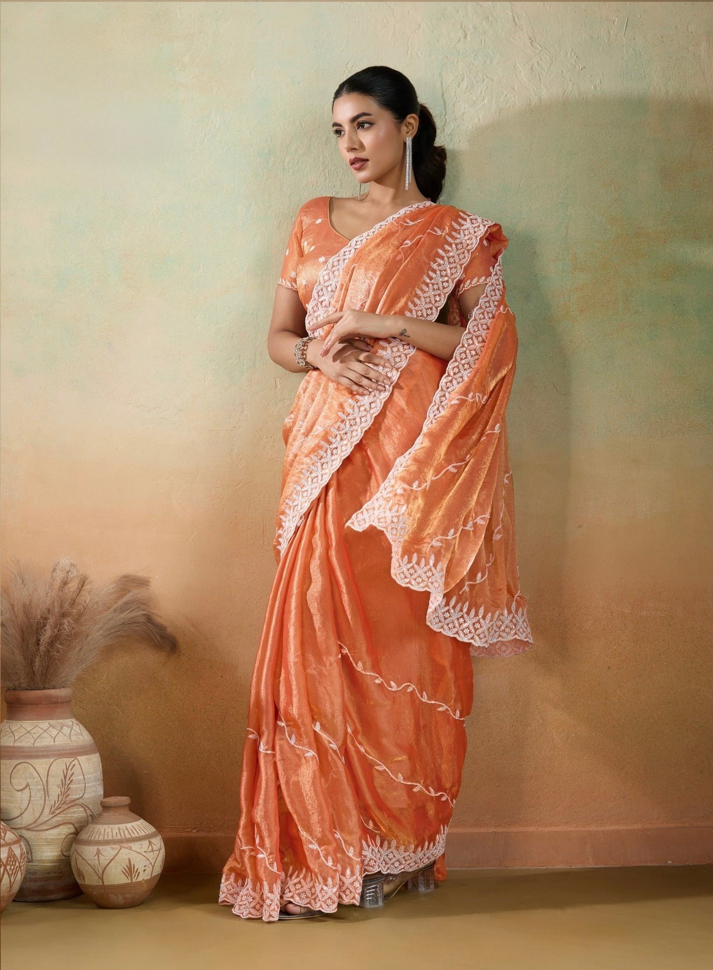 Velvet Chiffon Saree with Sequins Embroidery and Leheriya Flow for Women