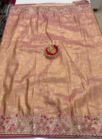 Tissue Silk Saree with Embroidery, Sequin, and Mirror Work Border – Festive Saree for Women