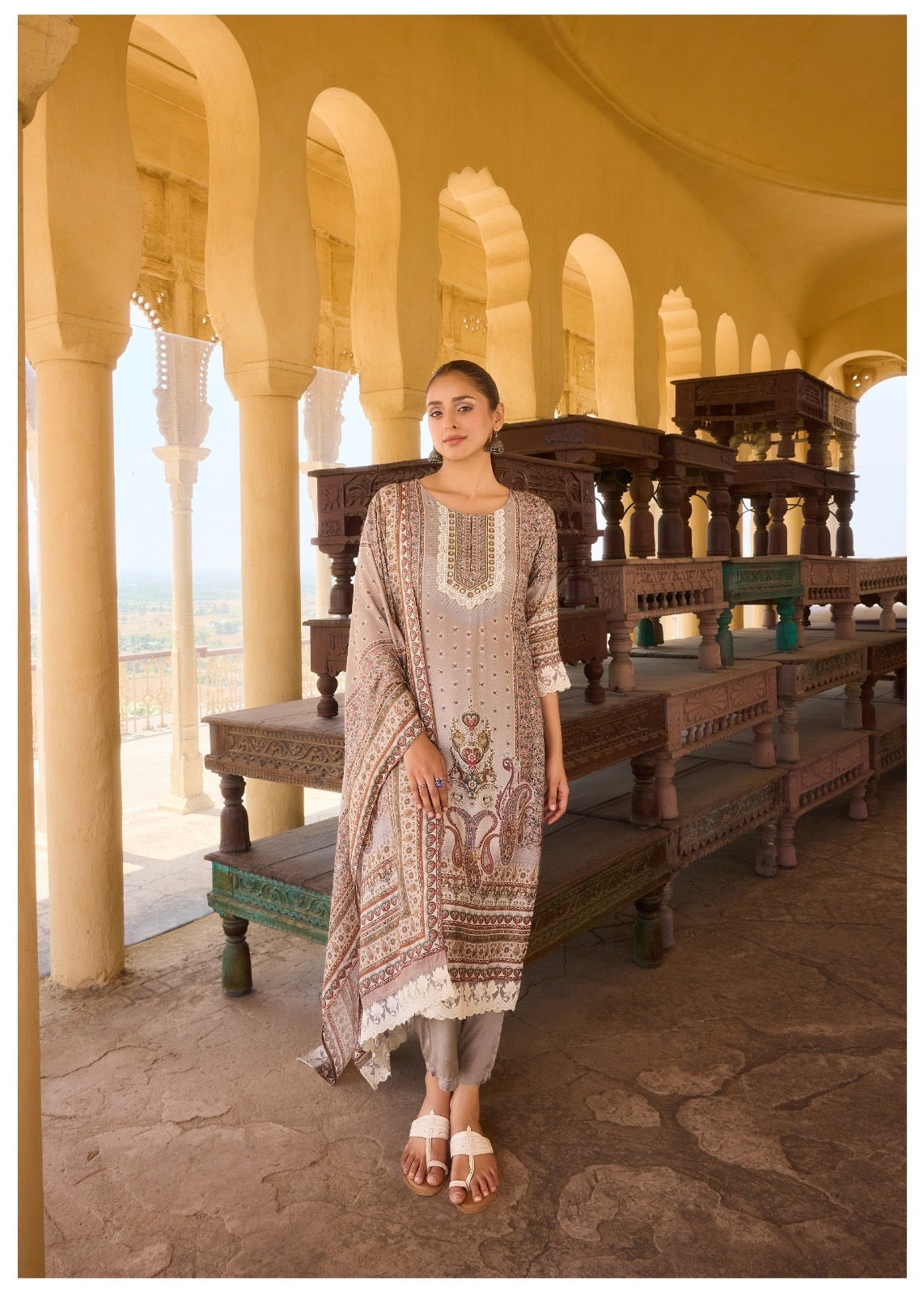 Digital Muslin Kurta Set with Moti Mirror Handwork, Shantoon Pant & Lace Dupatta – M to XXL