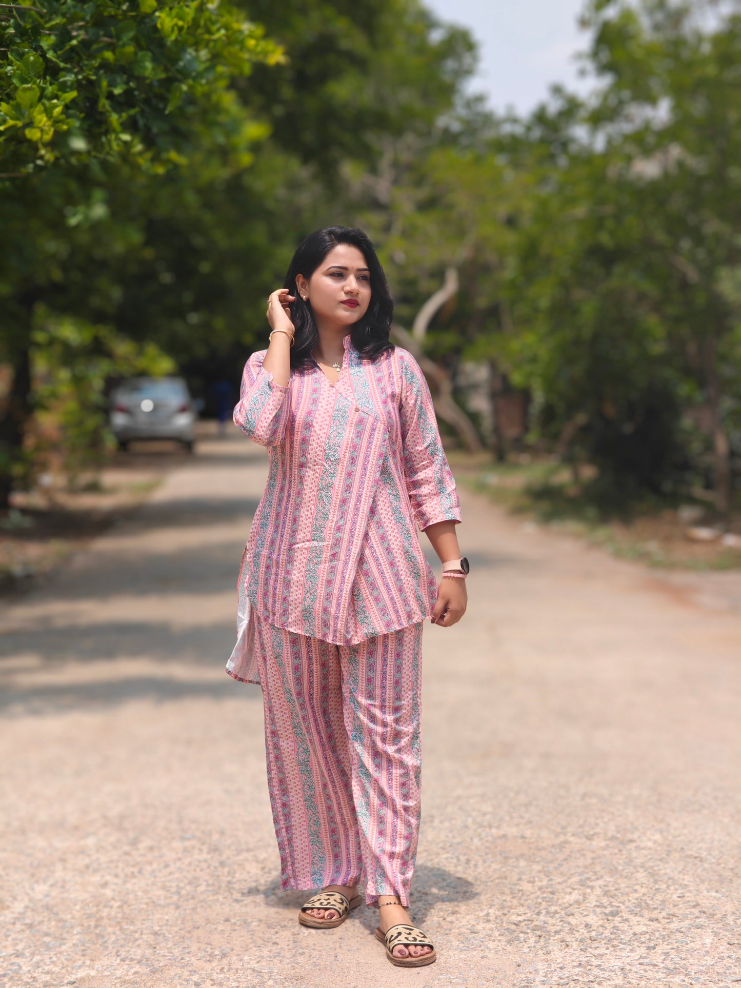 Pink Multicolor Printed Loungewear Co-Ord Set for Women – Relaxed Fit Top with Palazzo