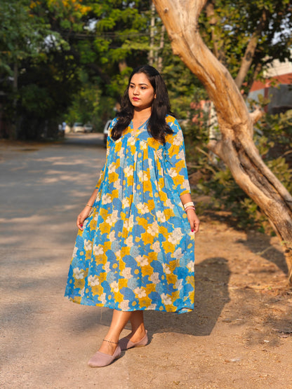 Women’s Blue Chiffon Lurex Floral Printed Flared Dress – Casual & Summer Wear