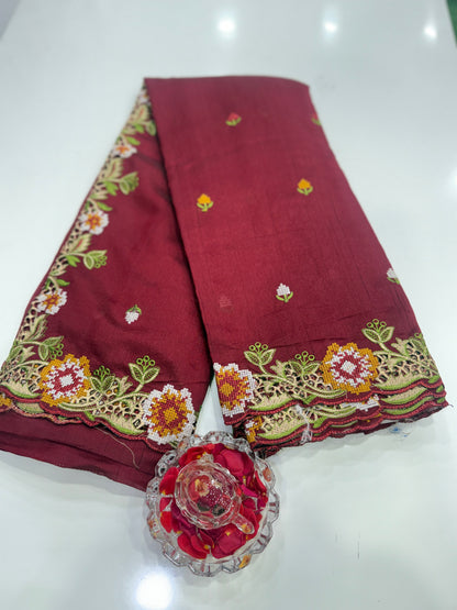 Matka Silk Saree with Embroidered Buttis, Cutwork Big Pallu, and All-Over Cutwork Panel