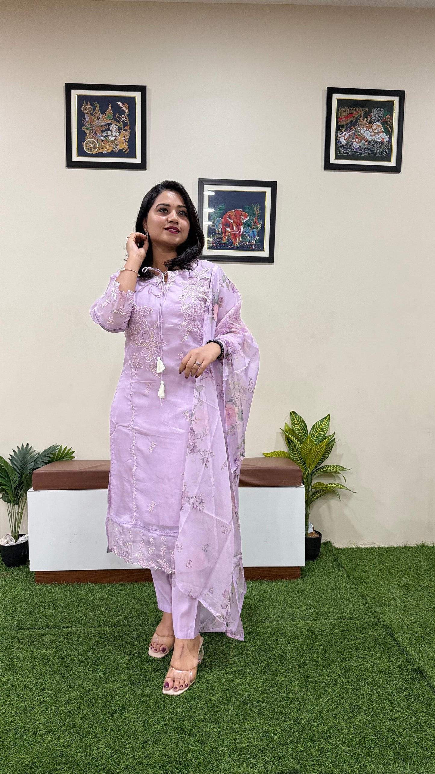 Women’s Organza Embroidered Suit Set with Viscose Silk Pant and Digital Print Dupatta – L to 3XL