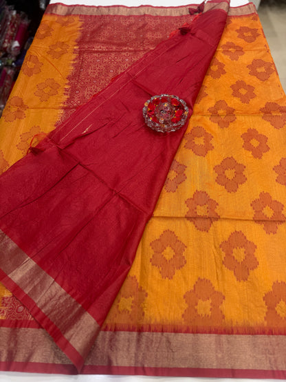 Women’s woven saree with butta motifs, contrast pallu border and tassel pallu, traditional wear, multiple colors