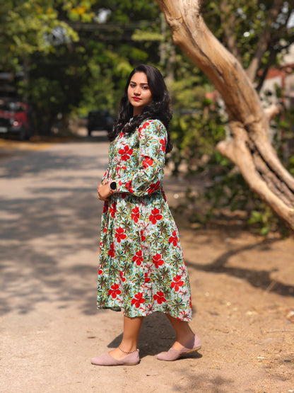 Blue Cotton Floral Gathered Dress for Women – Sizes L to 3XL