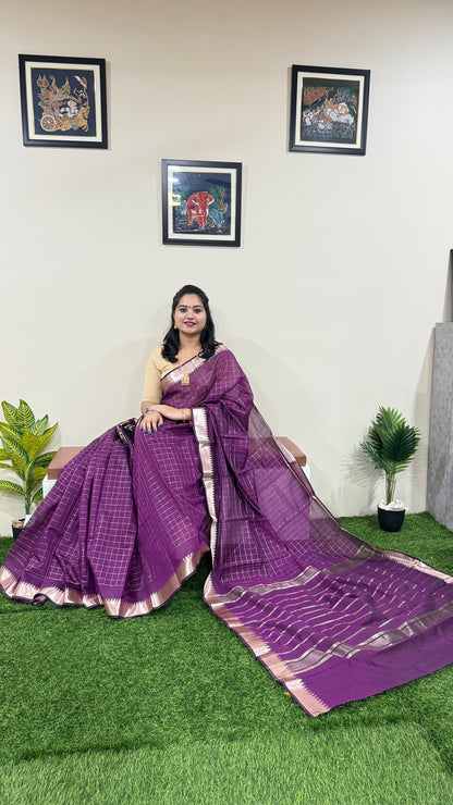 Mangalgiri Soft Semi Tussar Silk Saree with Check Pattern and Blouse Piece for Women – Lightweight Drape