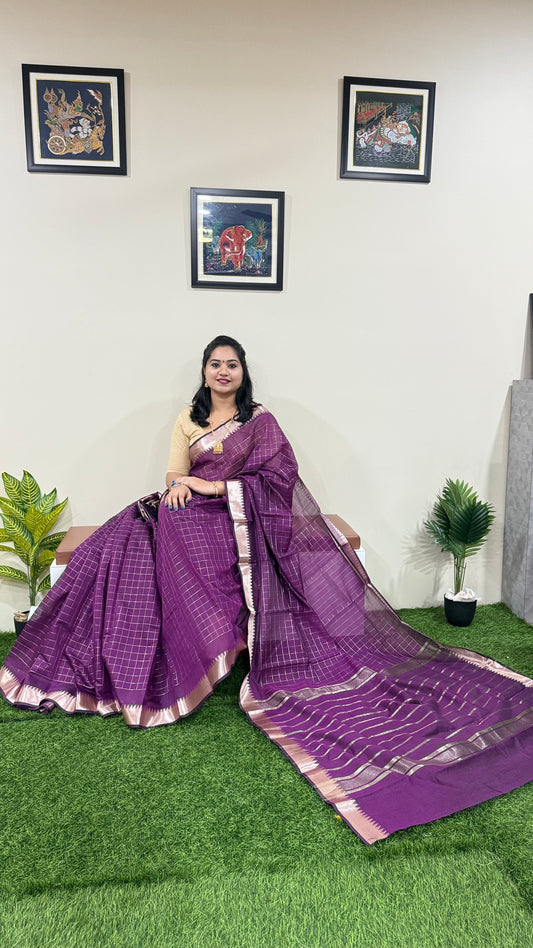 Mangalgiri Soft Semi Tussar Silk Saree with Check Pattern and Blouse Piece for Women – Lightweight Drape