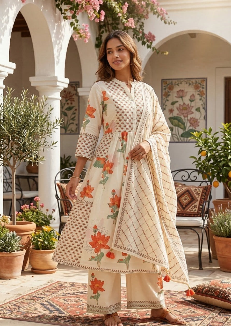 Mul Cotton Printed Kurta Pant Dupatta Set for Women with Lining, Beige Floral Ethnic 3 Piece Set