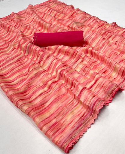 Stunning Gold Georgette Saree with Weaving Zari Sibori Print and Siroski Cutwork Border