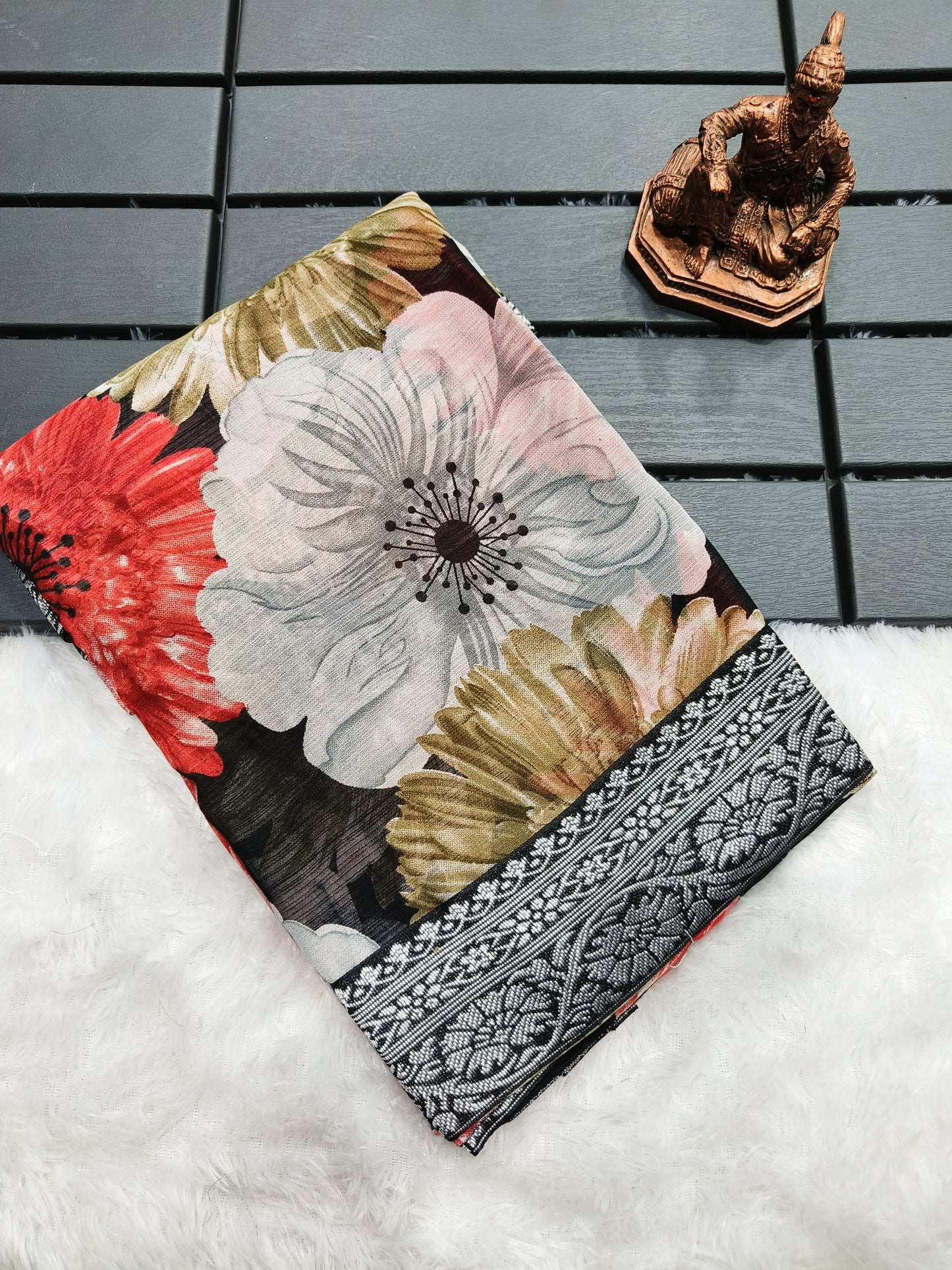 Women’s Heavy Chiffon Georgette Saree with Floral Print, Silver Border and Jacquard Blouse