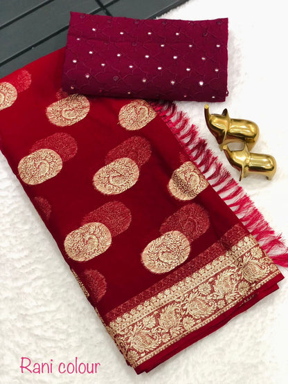 Women’s Pure Viscose Georgette Saree with Gold Zari Weaving, Zalar Pallu and Foil Mirror Work Blouse