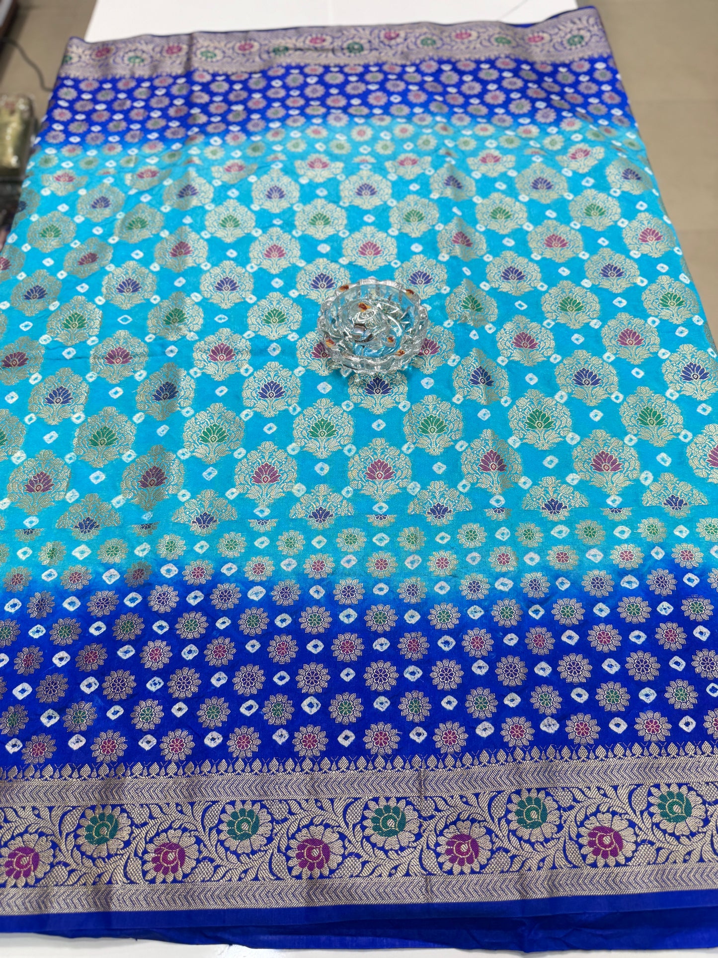 Banarasi dupiyan bandhani saree with semi-weaving neemjari work and hand chunri craftsmanship