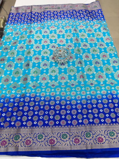 Banarasi dupiyan bandhani saree with semi-weaving neemjari work and hand chunri craftsmanship